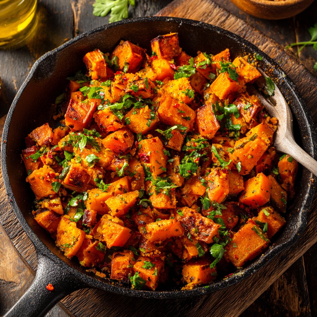 Vegetarisches Abendessen mit Süßkartoffelpfanne